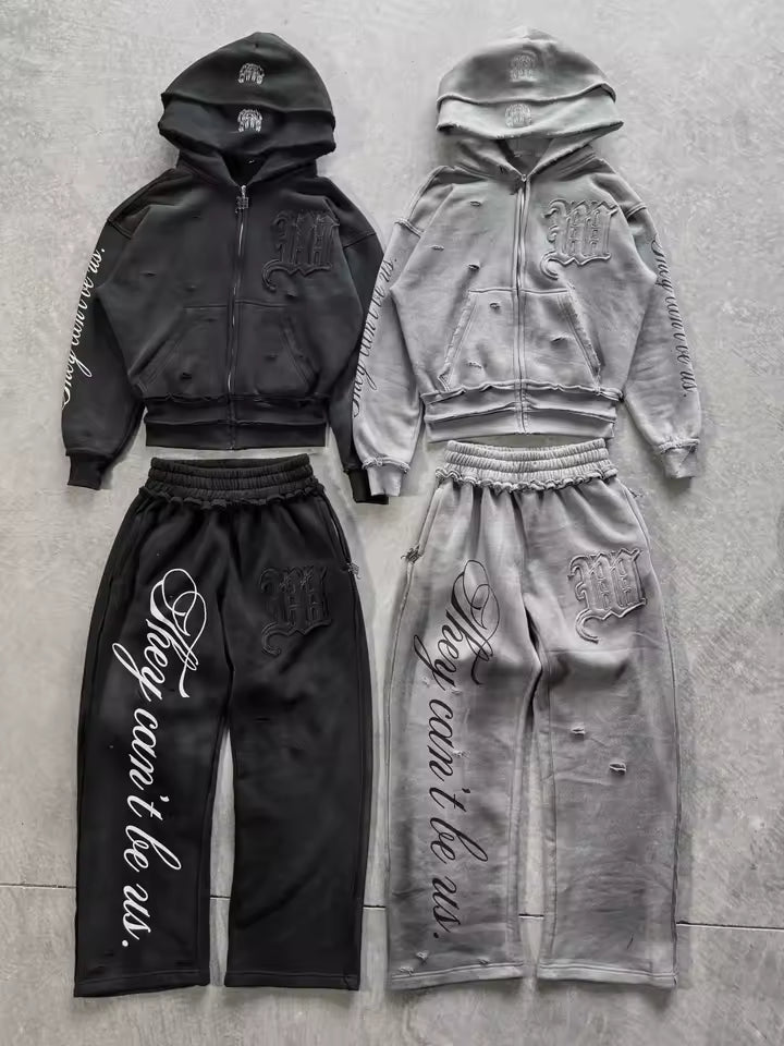 Y2K American Punk Loose Hooded Sweatshirt Suit American Embroidered Patch Double Layer Hooded High Street Retro Pink Sports Suit