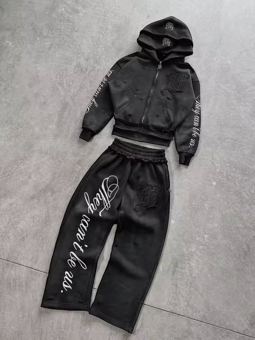 Y2K American Punk Loose Hooded Sweatshirt Suit American Embroidered Patch Double Layer Hooded High Street Retro Pink Sports Suit